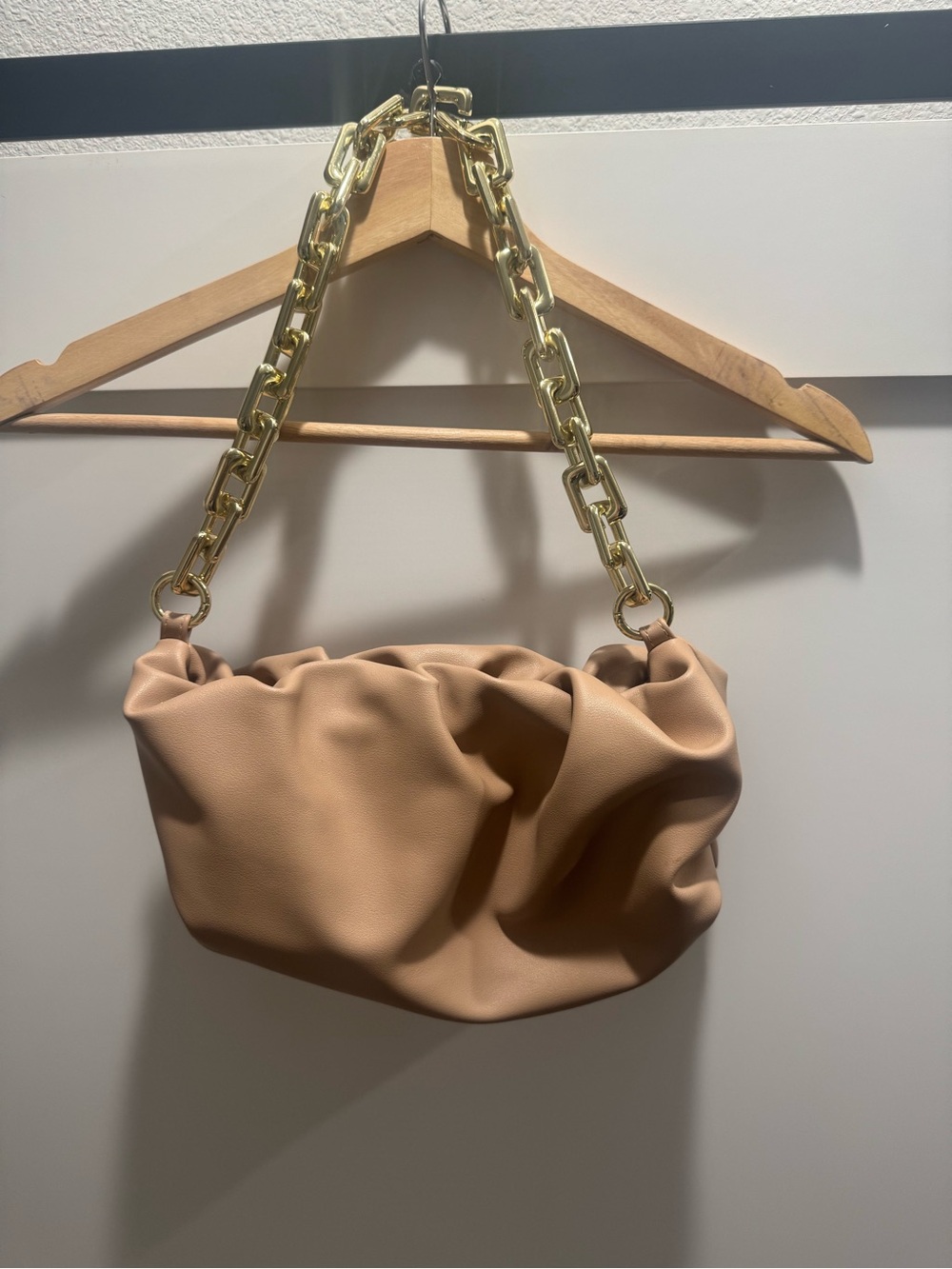 Beige Soft Pouch Shoulder Bag with Gold Chain Strap